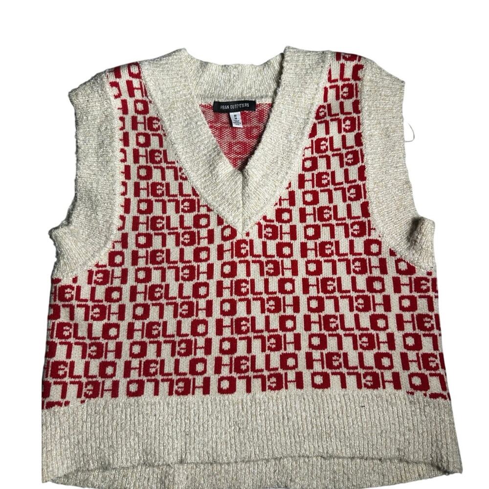 Urban Outfitters Cream Red Hello Medium Hipster Boxy Crop Comic Sweater Vest